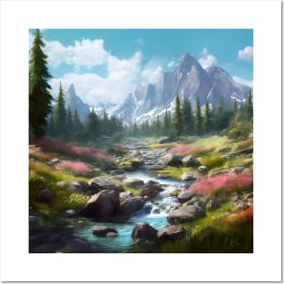 Natural Ecstasy: Enchanting Panoramic View of Mountains, Streams and Trees in a Magical World Posters and Art